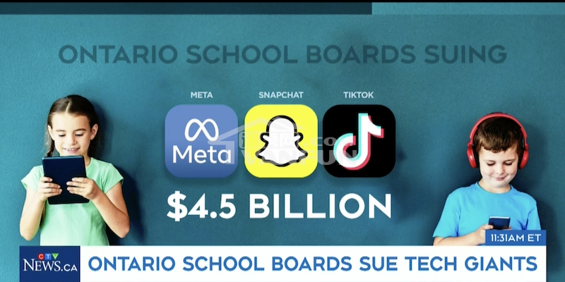 据CBCNews报道，安省最大的四个教育局联手对主要社交媒体公司提起价值$45亿加元的诉讼，声称这些公司的产品改变了儿童的思维、行为和学习方式，而教育工作者和学校被迫应对其后果。“社交媒体教坏小孩”多伦多地区教育局、皮尔区教育局、多伦多天主教区教育局和渥太华-卡尔顿地区教育局已聘请总部位于多伦多的律师事务所NeinsteinLLP代表他们对抗三大社交媒体巨头，分别是拥有Facebook和Instagram的MetaPlatformsInc.；拥有Snapchat的SnapInc.；以及...