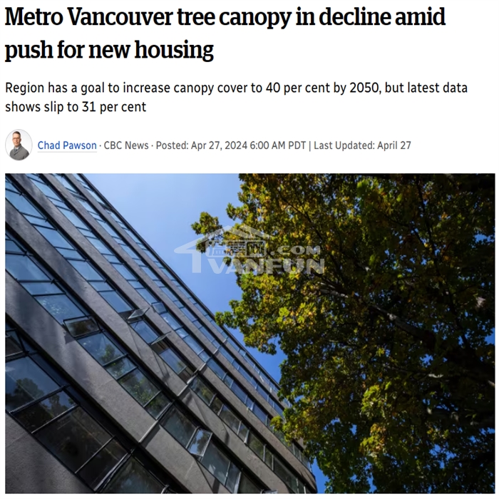 温哥华乃至整个大温一直以自然环境优美、绿色资源丰富、常年宜居著称。然而，最近大温政府的一份报告称，叶绿盎然、树木成荫的社区正受到人口增长和城市致密化的威胁——由于省府建设大量新住房的计划，城市中的树冠覆盖率正在减少。报告指出，市府应该努力寻找方法，在加速建设住宅并开发土地的同时，应对气候变化并保持绿色环境。大温树木状况令人担忧树冠覆盖率是指从空中俯瞰的叶子和树枝覆盖的地面面积——是衡量市府整体宜居性的一个标准。这些树冠可以保持区域凉爽、吸收碳排放并封存雨水，对抵御气候变化、保障居民健康...
