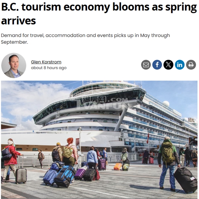 据BIV报道，BC省的旅游经济将在5月进展火热，势必为短租带来源源不断的客源。夏季是该旅游业销售的最大季节，也是相关产业提高价格的好时机。今年年初的冬季营业额惨淡。例如，BC省的餐馆和酒吧在1月的销售额（经季节调整后）较2023年同月下降了2.8%。事实上，大多数游客希望在天气变暖、雨天较少的时候前往BC省。5月至9月的温哥华每月平均最高温度至少为17摄氏度，每月平均下雨的时间不足10天。BC省旅游局全球营销副总裁MayaLange告诉BIV，BC省根本不需要在夏季营销旅游产品。他工作...