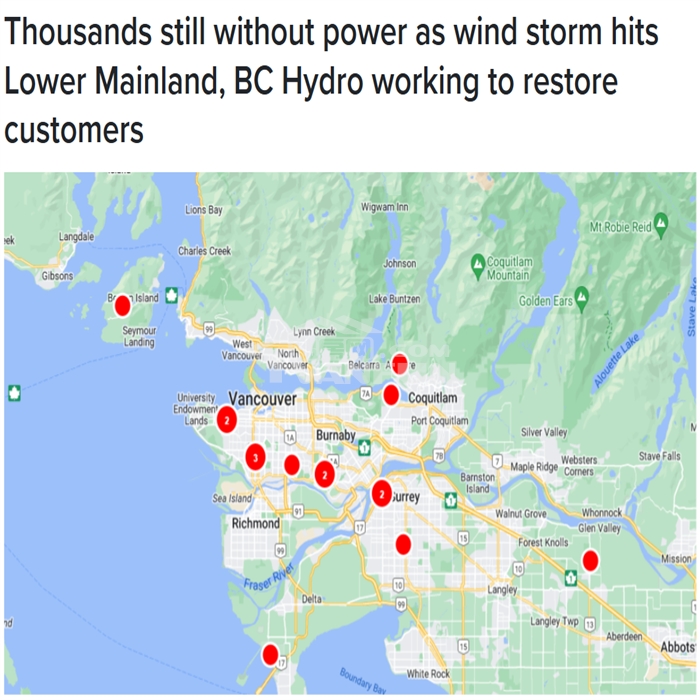 昨晚狂风大作，风速高达每小时50公里，大温各地出现了骇人听闻的电线折断和大树被刮倒的现象。大温数千户BCHydro用户停电，许多人在今早仍然没有恢复供电。昨晚，受大风影响最大而导致停电的地区有UBC、阿伯茨福德、本拿比、高贵林和宝云岛。列治文、新西敏以及温哥华岛东海岸也有较小规模的停电。多地的BCHydro用户停电BCHydro发言人MoraScott告诉CityNews，能源供应商正在努力恢复客户的供电。据她说，昨天下午开始BCHydro就一直在解决停电问题，通宵工作到今早9点，本拿...